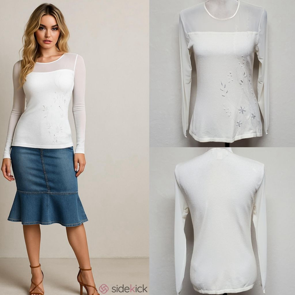 80s Vintage Casual Corner Pearl Knit Mesh Yoke Silver Embroidered Sweater S